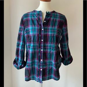Old Navy green plaid button down with cute tuxedo ruffle down front.